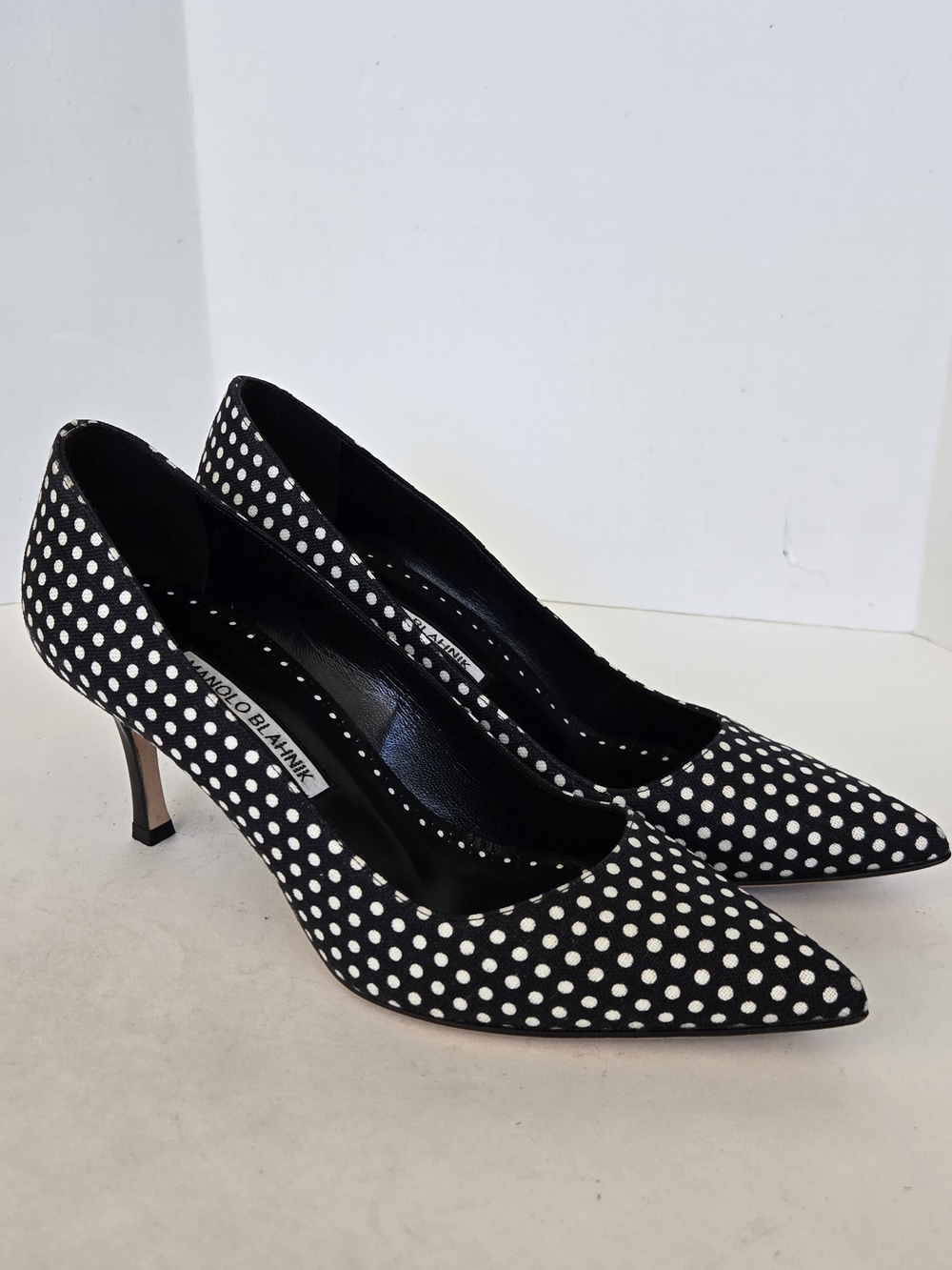 Manolo Blahnik Black and White Polka Dot Pointed-Toe Pumps